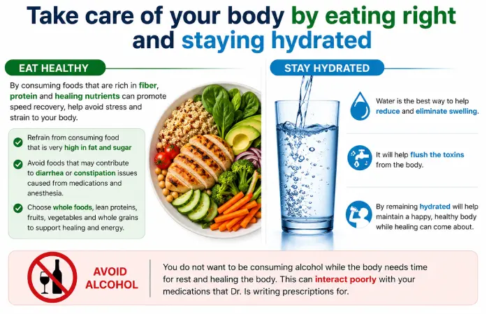 Take care of your body by and eat right and stay hydrated