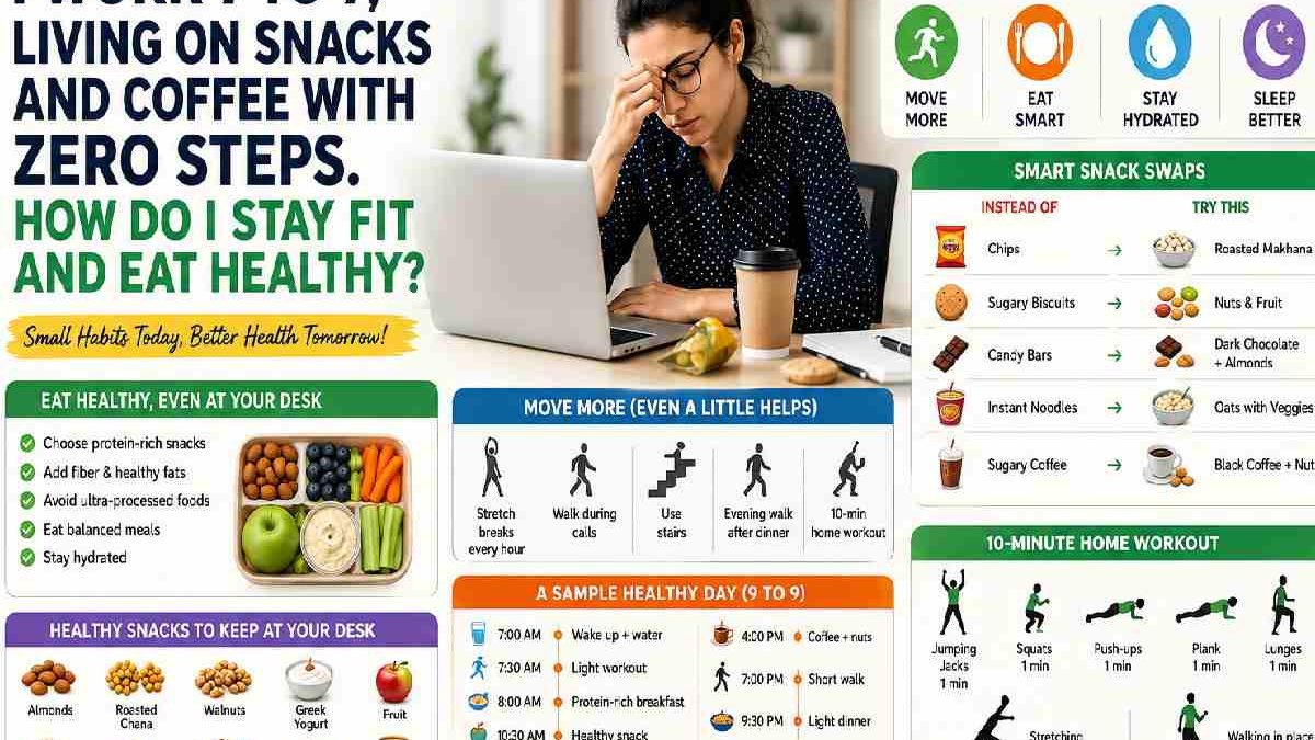 I Work 9 to 9, Living on Snacks and Coffee With Zero Steps. How Do I Stay Fit and Eat Healthy?