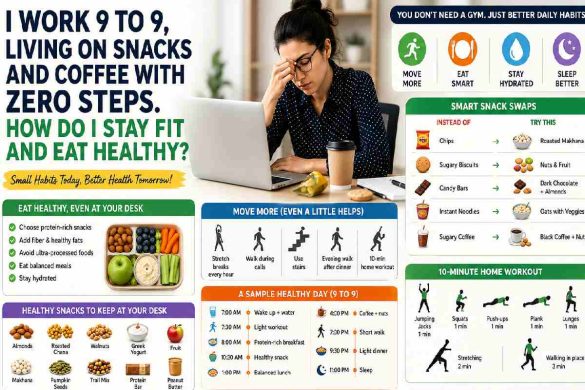 i work 9 to 9, living on snacks and coffee with zero steps. how do i stay fit and eat healthy_