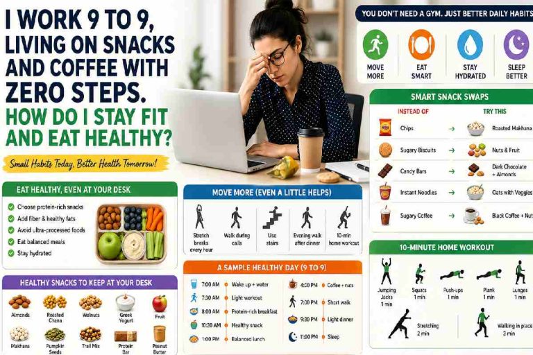 i work 9 to 9, living on snacks and coffee with zero steps. how do i stay fit and eat healthy_